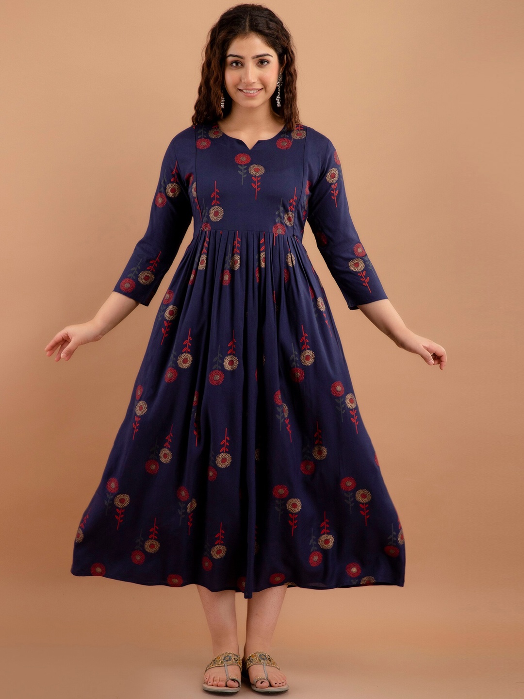 

PURSHOTTAM WALA Ethnic Motifs Printed Fit & Flare Maternity Midi Ethnic Dress, Blue