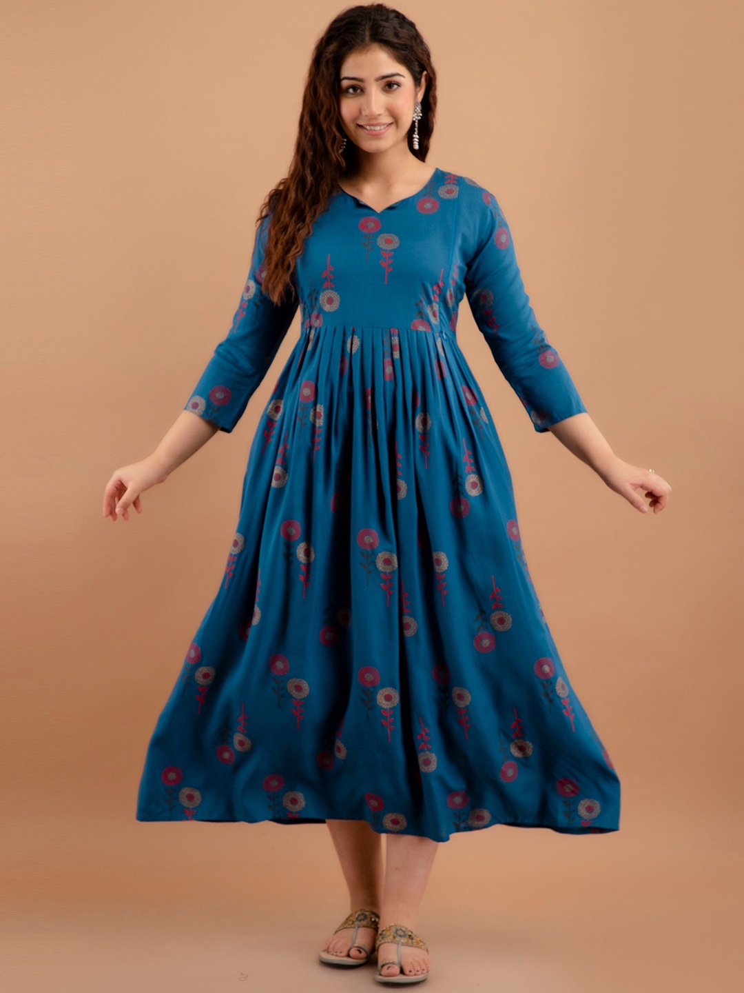 

PURSHOTTAM WALA Ethnic Motifs Printed Fit & Flare Maternity Midi Ethnic Dress, Blue