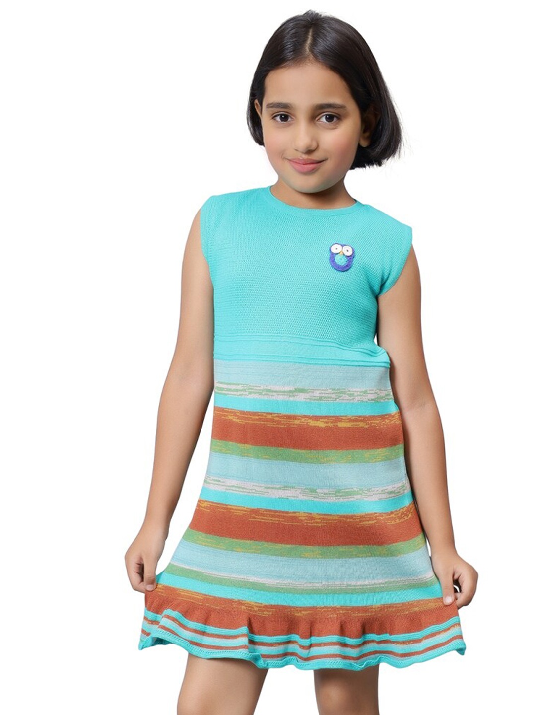 

Bharatasya Girls Striped Cotton A-Line Dress, Turquoise blue