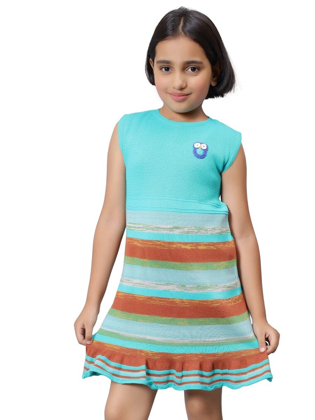 

Bharatasya Girls Striped Cotton A-Line Dress, Turquoise blue