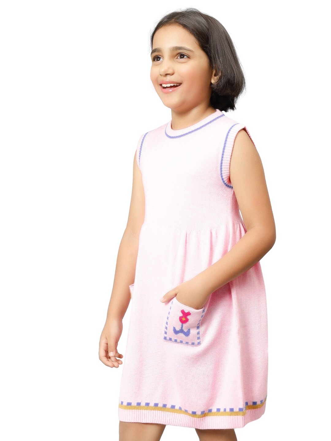 

Bharatasya Girls Round Neck Sleeveless A-Line Dress, Pink