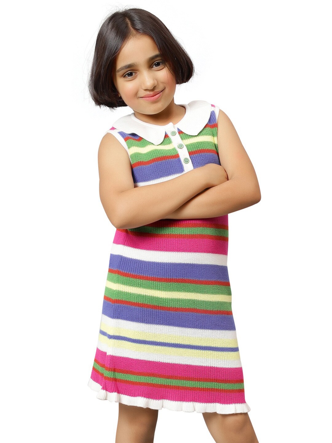

Bharatasya Girls Striped Peter Pan Collar Cotton T-shirt Dress, White