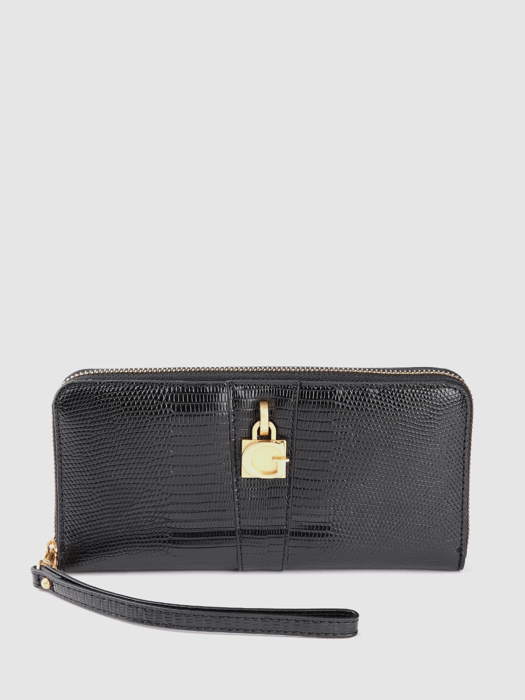 

GUESS Women Snake Skin Textured Zip Around Wallet, Black