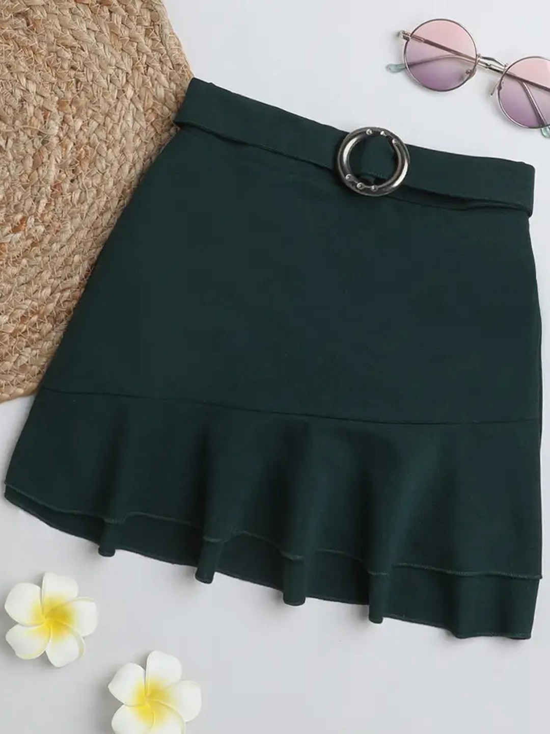 

ADDYVERO Girls Knee-Length Layered Flared Cotton Lycra Skirt, Green