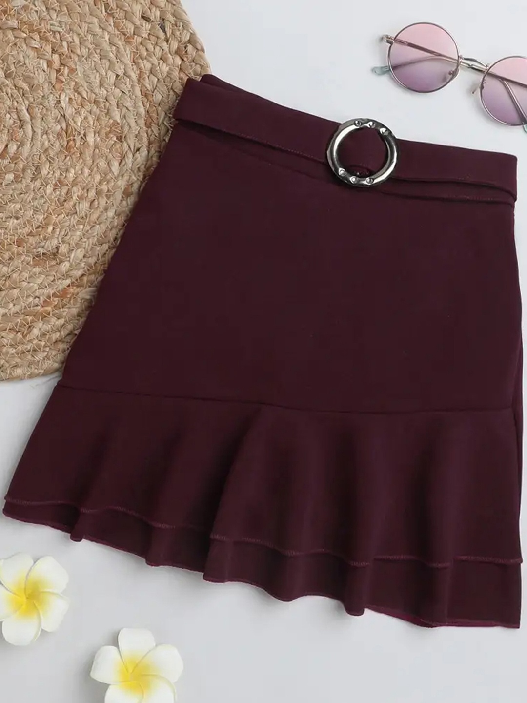 

ADDYVERO Girls Knee-Length Ruffle Layered Flared Cotton Lycra Skirt, Maroon