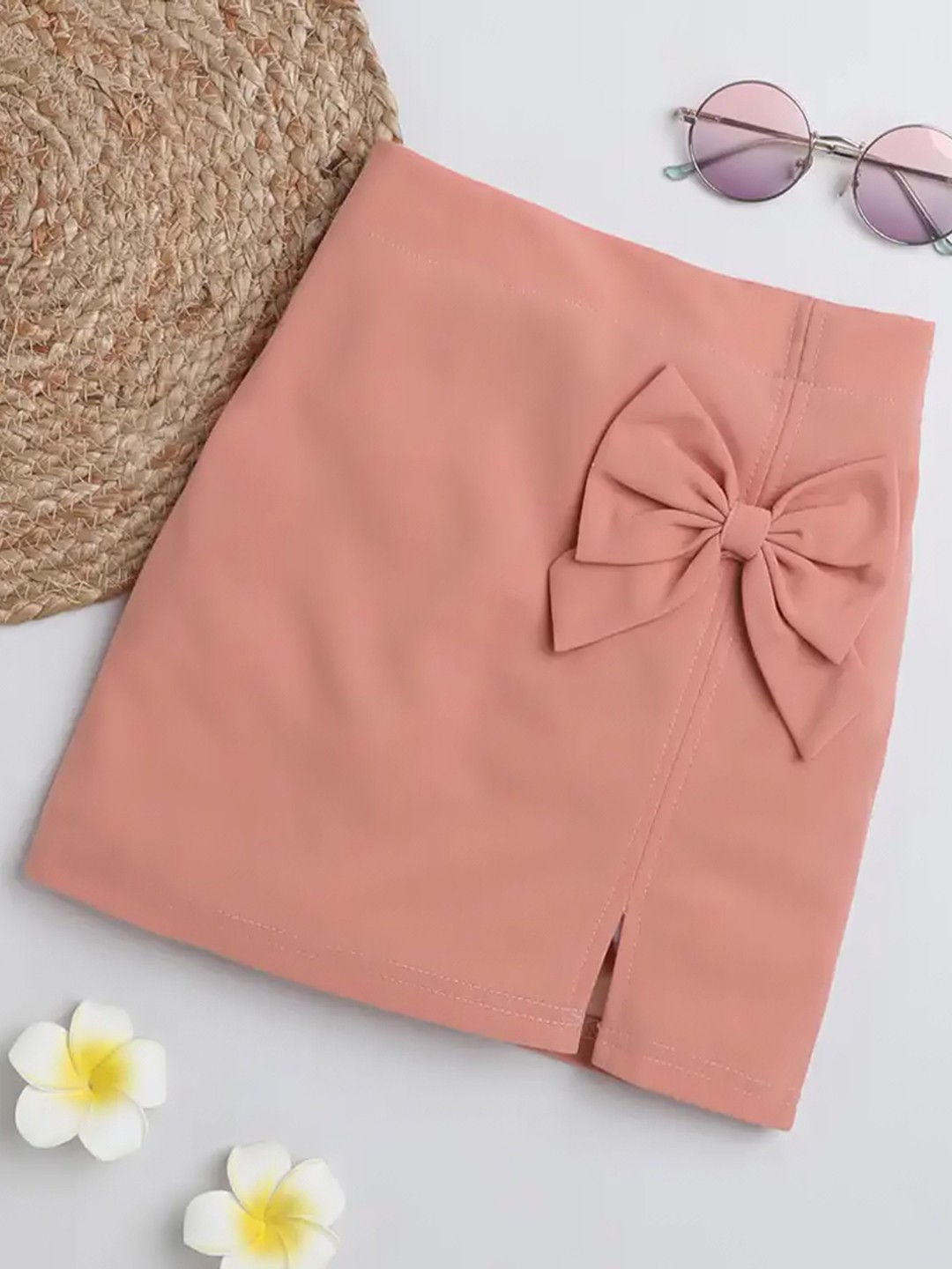 

ADDYVERO Girls Side Slit Bow Detail Knee-Length Cotton Lycra Pencil Skirt, Peach