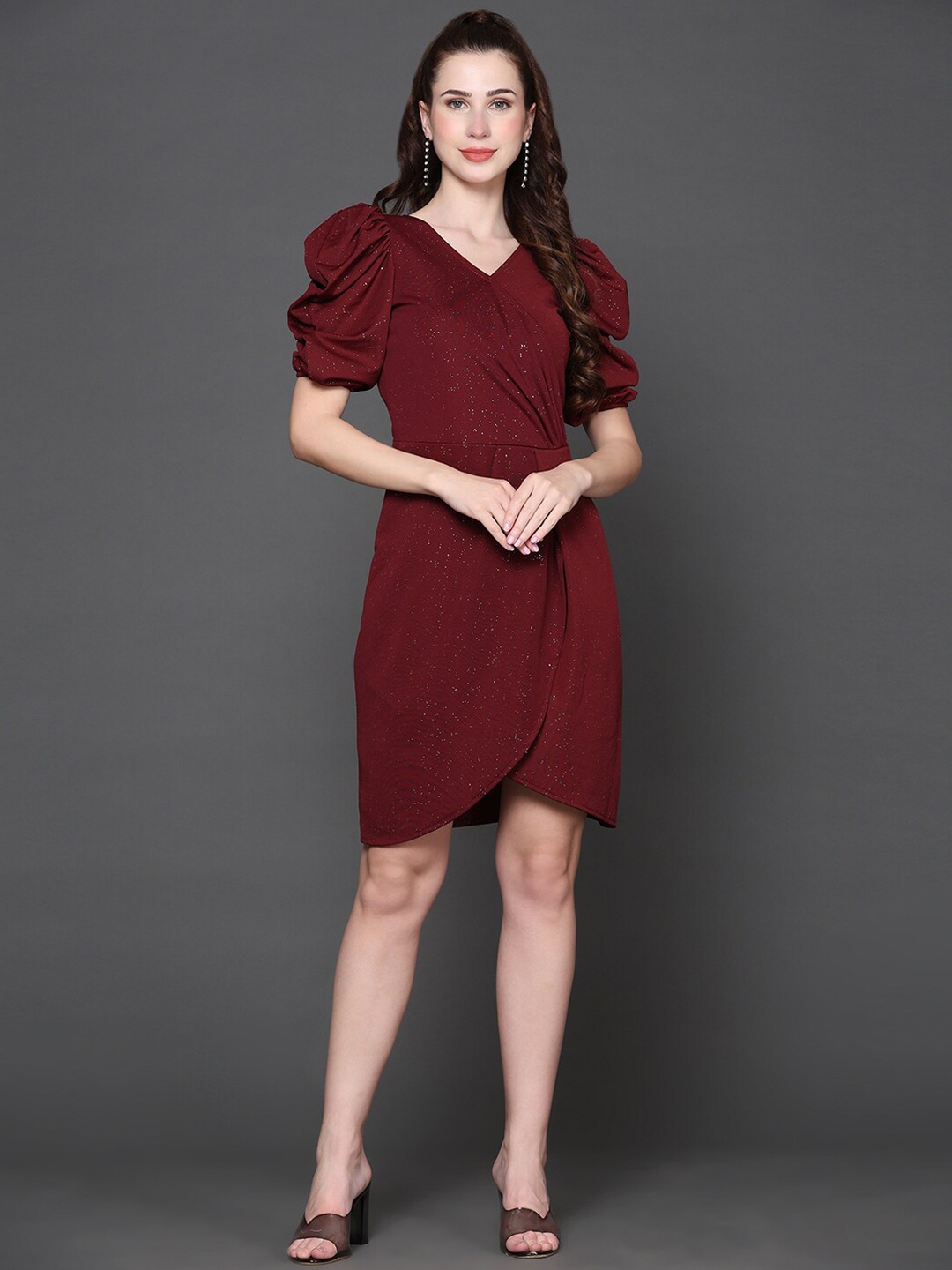 

Ziva Fashion Embellished Puff Sleeve V-Neck Gathered Wrap Dress, Maroon