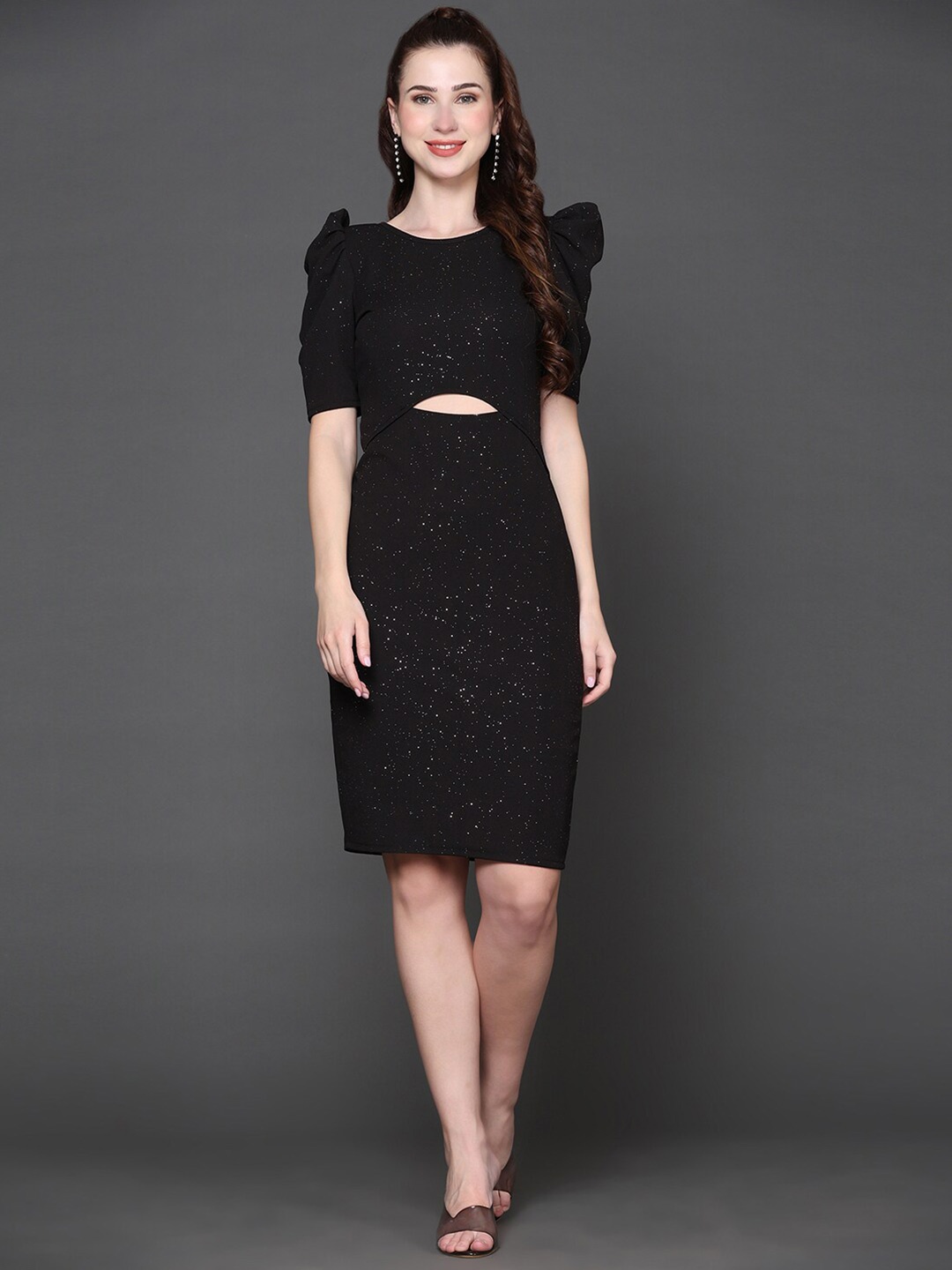 

Ziva Fashion Embellished Cut-Outs Puff Sleeve Sheath Dress, Black