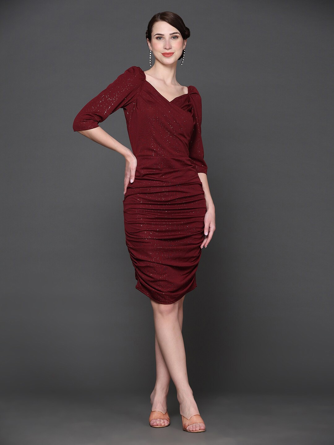 

Ziva Fashion Ruched Embellished Sweetheart Neck Puff Sleeve Bodycon Dress, Maroon