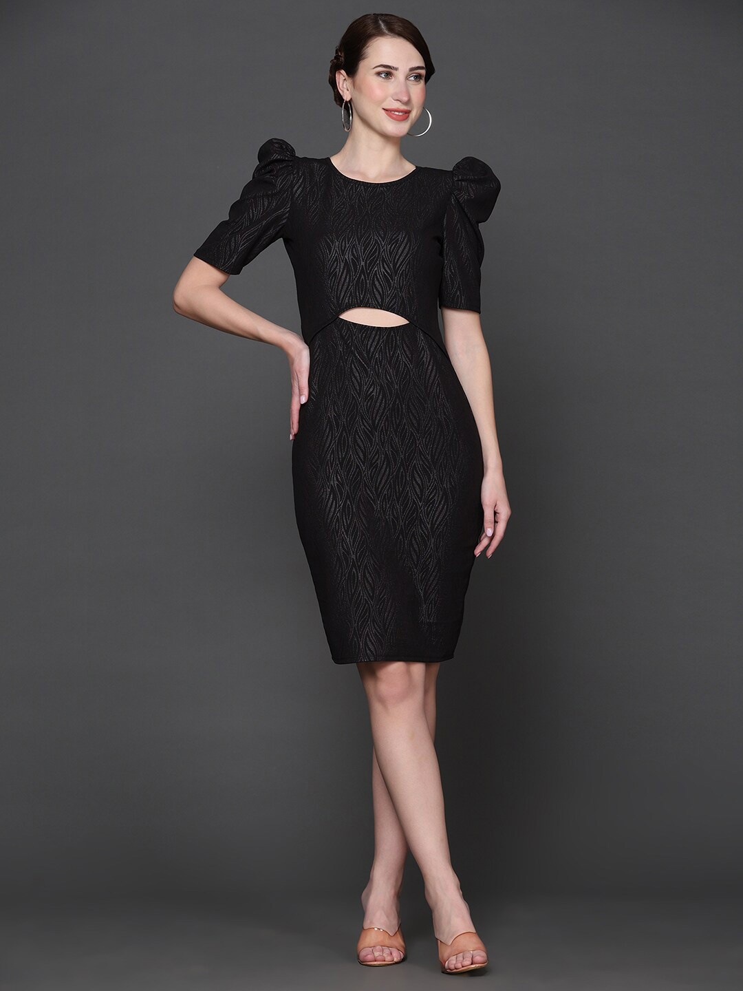 

Ziva Fashion Self Design Cut-Out Puff Sleeve Sheath Dress, Black