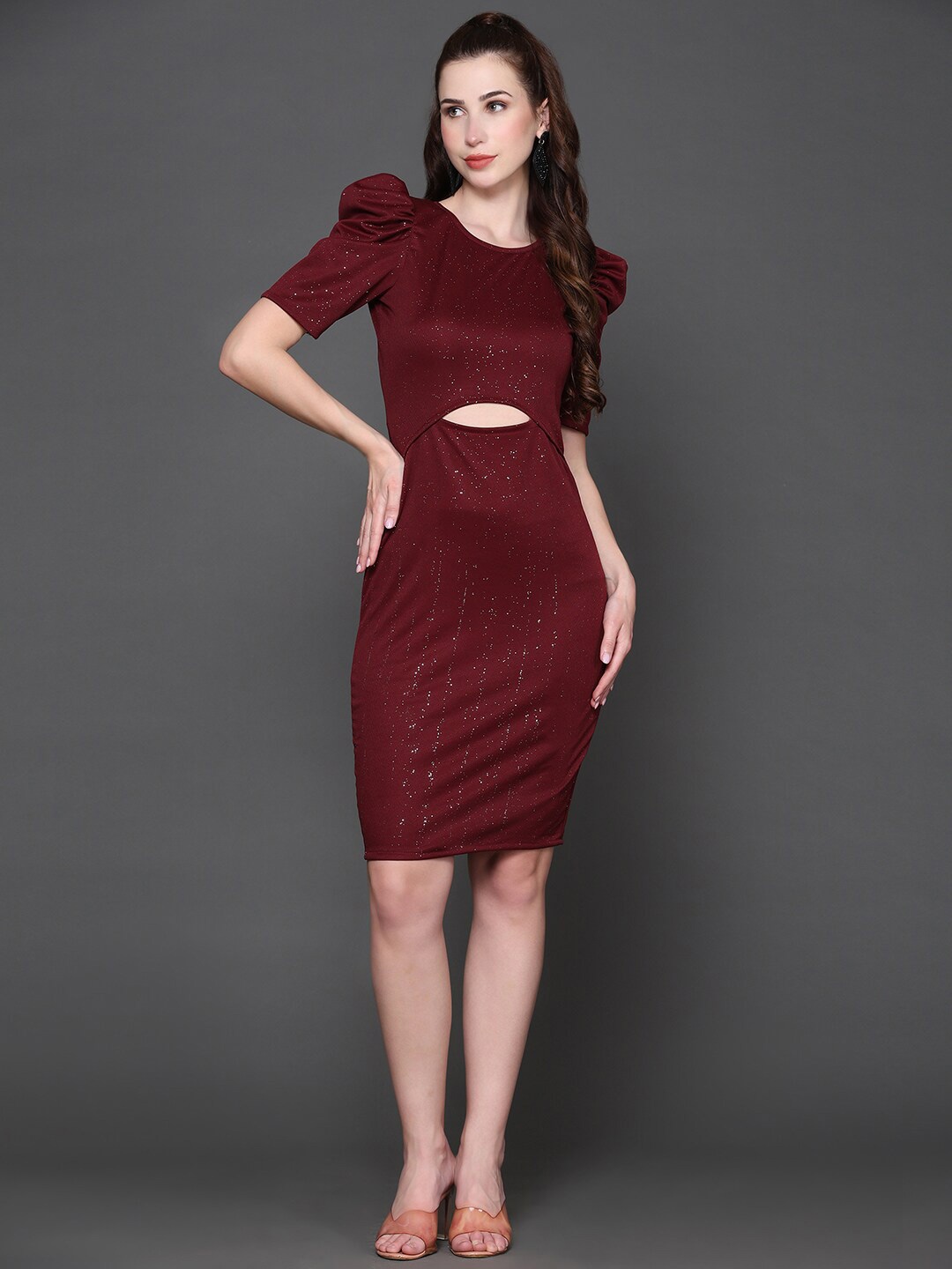 

Ziva Fashion Self Design Cut-Out Puff Sleeve Bodycon Dress, Maroon