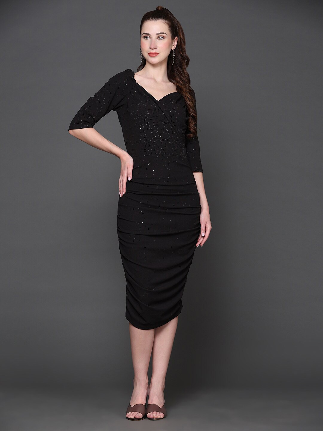 

Ziva Fashion Embellished Ruched Sweetheart Neck Puff Sleeve Bodycon Dress, Black