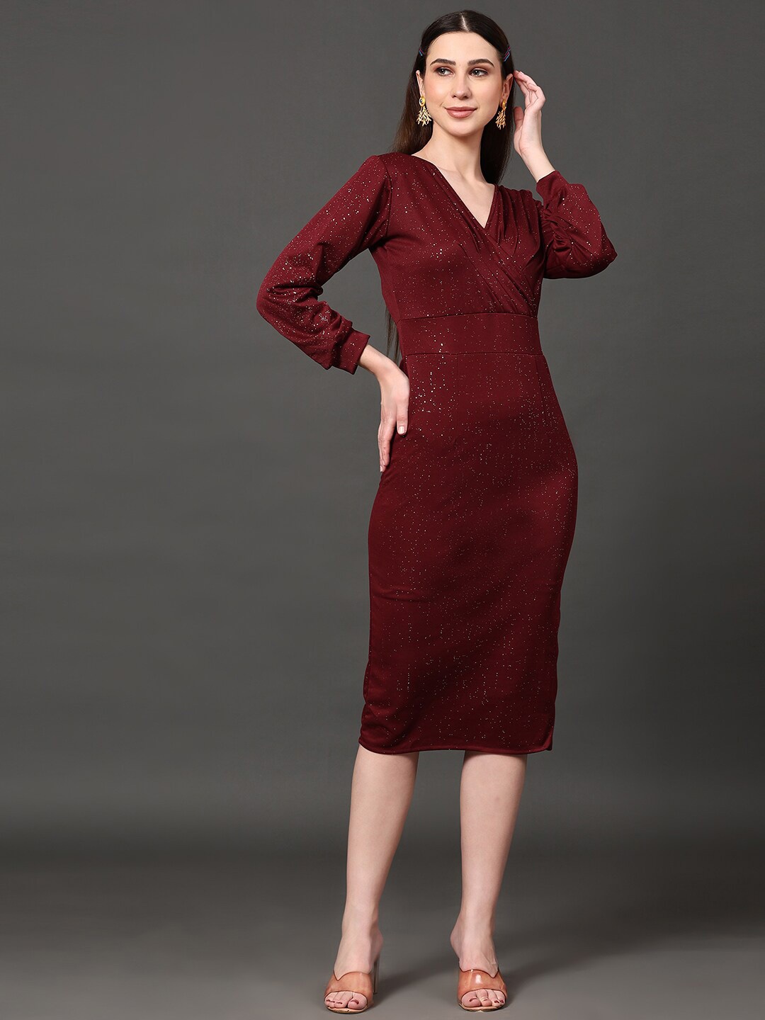 

Ziva Fashion Embellished V- Neck Puff Sleeve Wrap Midi Dress, Maroon