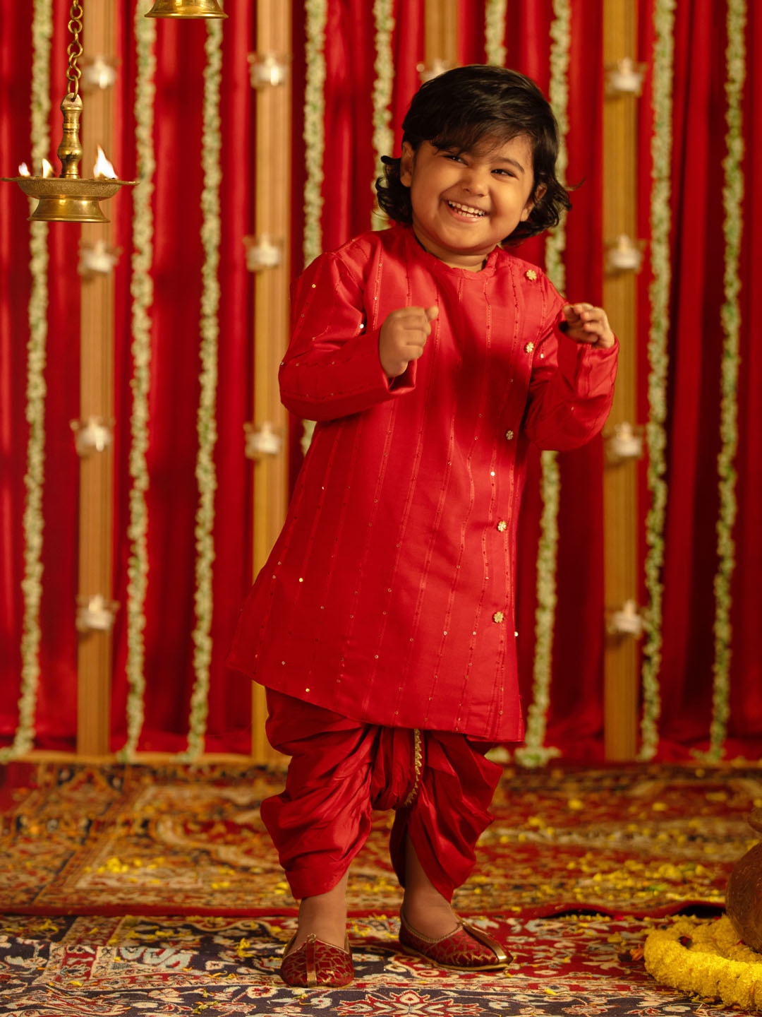 

VASTRAMAY Boys Embroidered Angrakha Sequinned Kurta with Dhoti Pants, Red