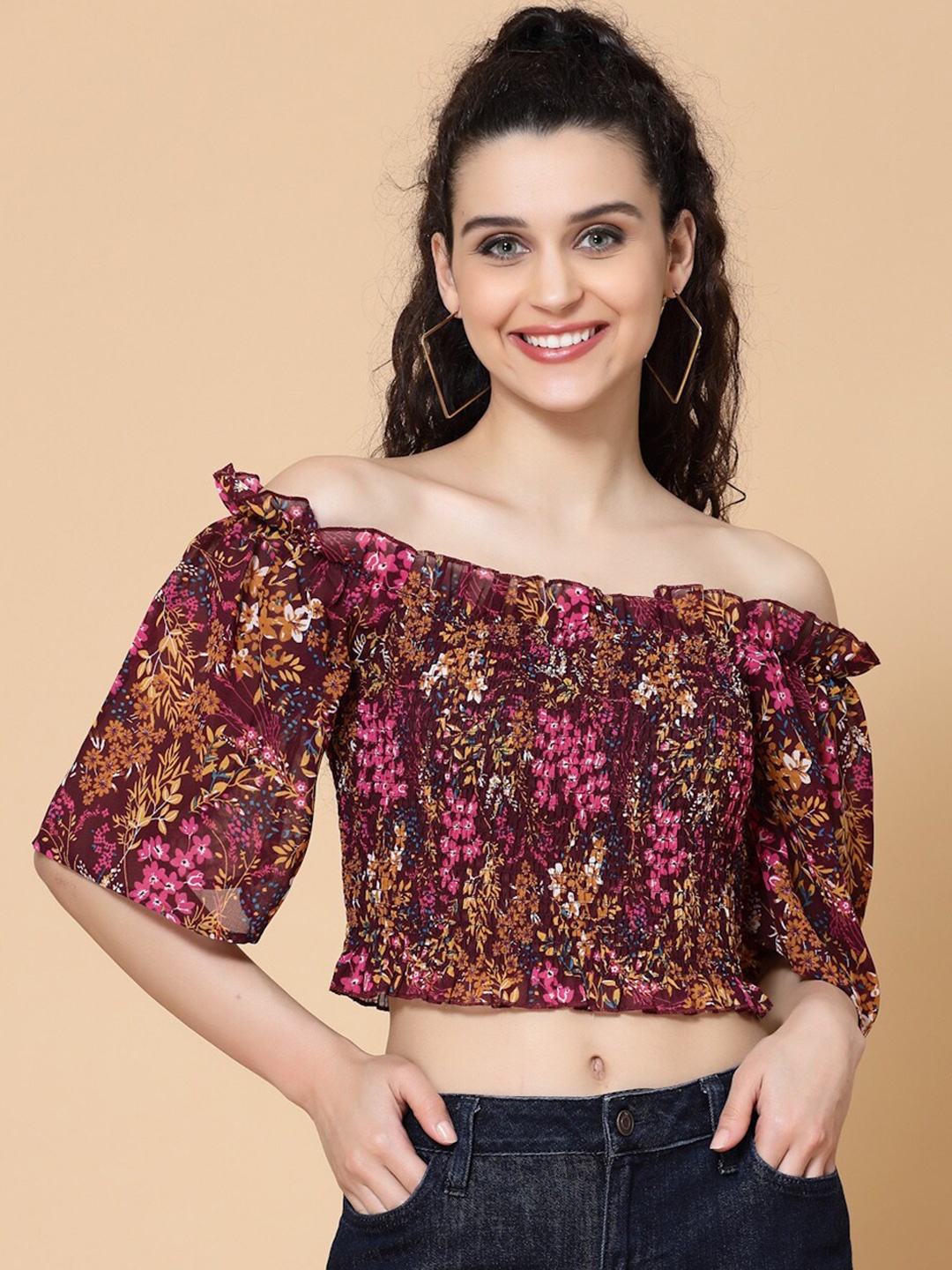 HOUSE OF KKARMA Floral Print Off-Shoulder Bardot Crop Top, Burgundy