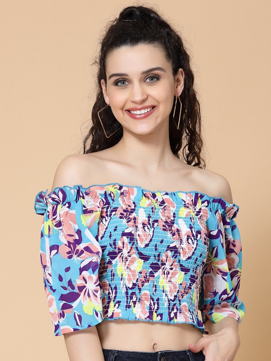 

HOUSE OF KKARMA Floral Print Off-Shoulder Georgette Bardot Crop Top, Teal