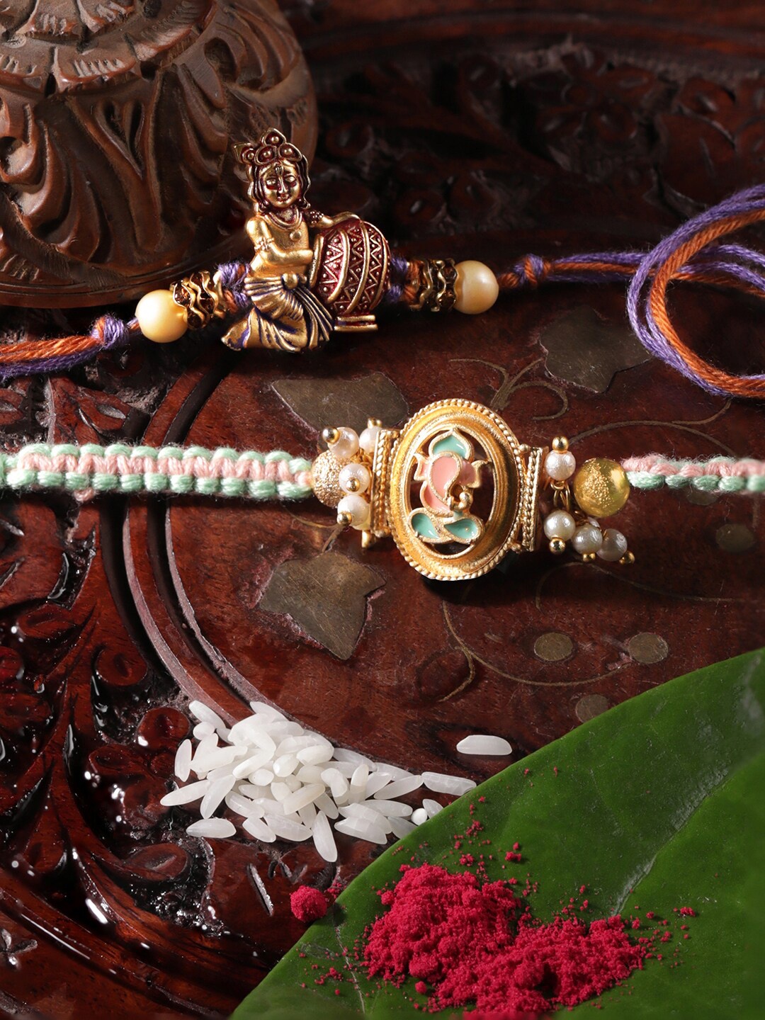 

Rubans Pack Of 2 Pearl Beaded Krishna & Ganesh Charm Rakhi, Purple