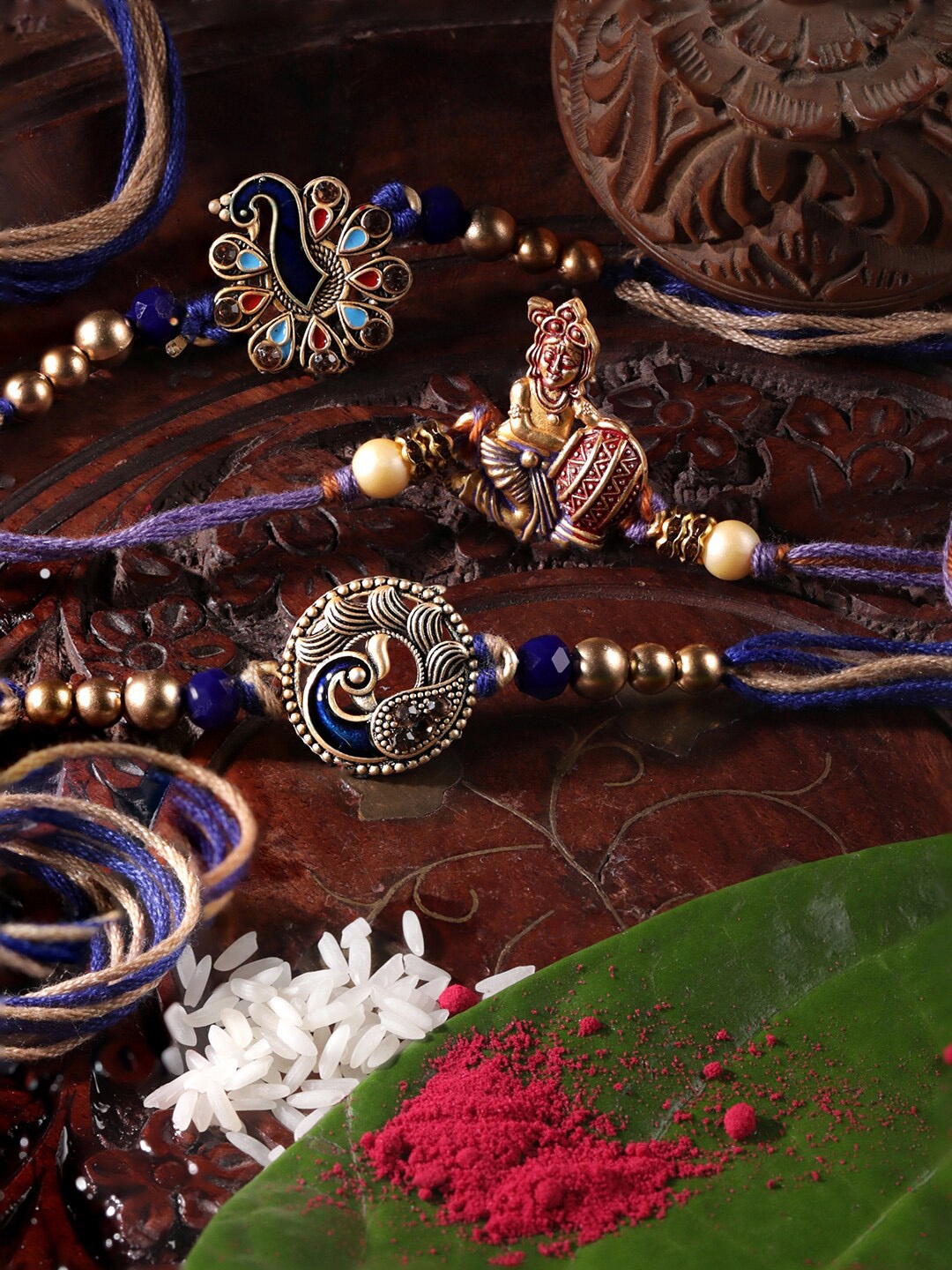 

Rubans Set Of 3 Beaded Rakhi with Roli & Rice, Blue