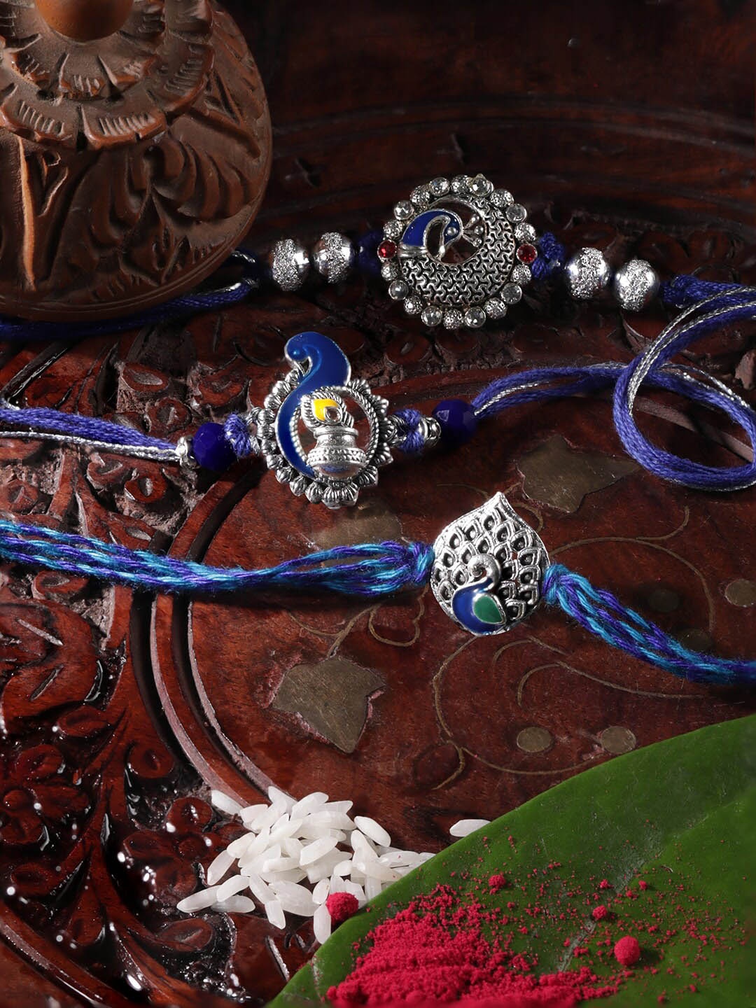 

Rubans Celestial Bonds Set Of 3 Peacock Charm Rakhi, Blue