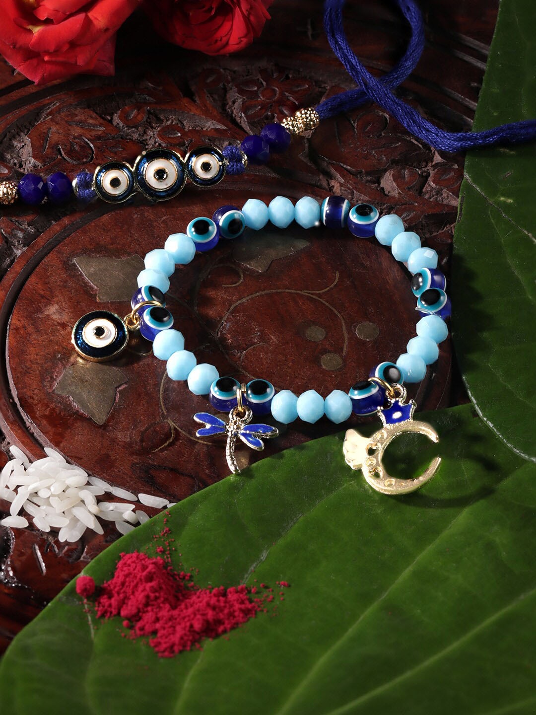 

Rubans Set Of 2 Beaded Evil Eye Charm Rakhi, Blue