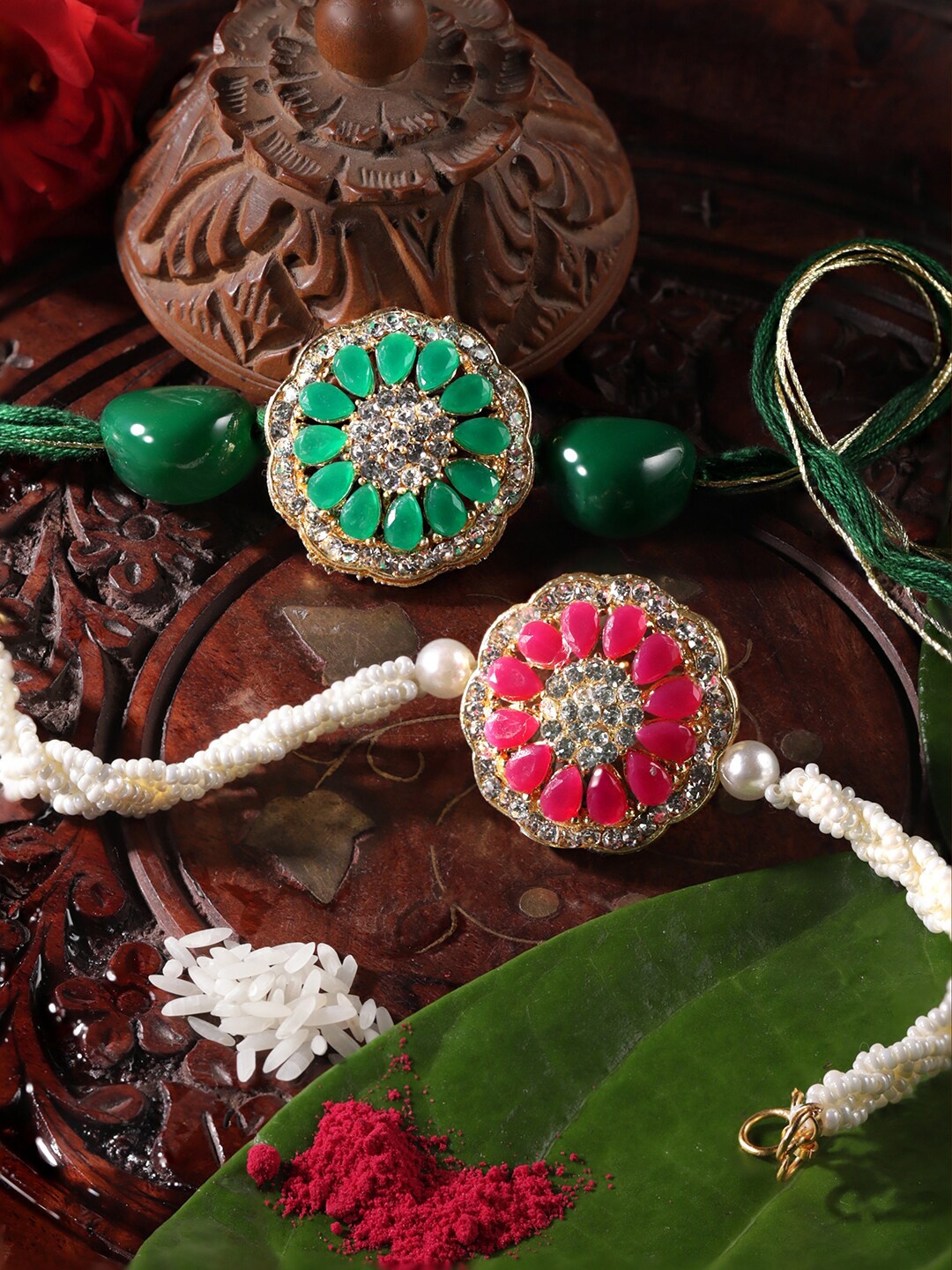 

Rubans Beaded Bliss Set Of 2 Crystal-Studded & Beaded Rakhi, Green