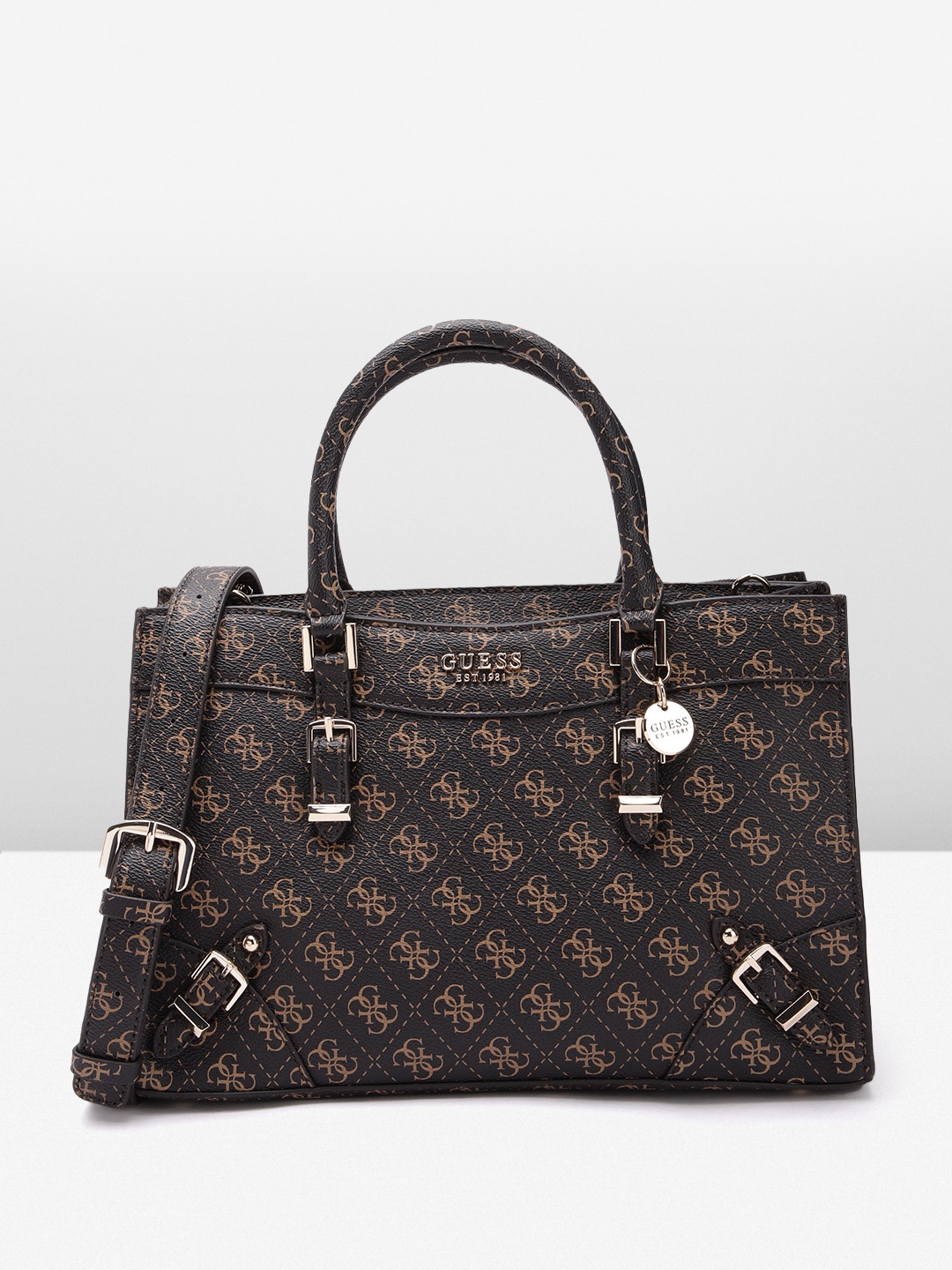 

GUESS Women Brand Logo Printed Structured Handheld Bag with Buckle Detail, Black