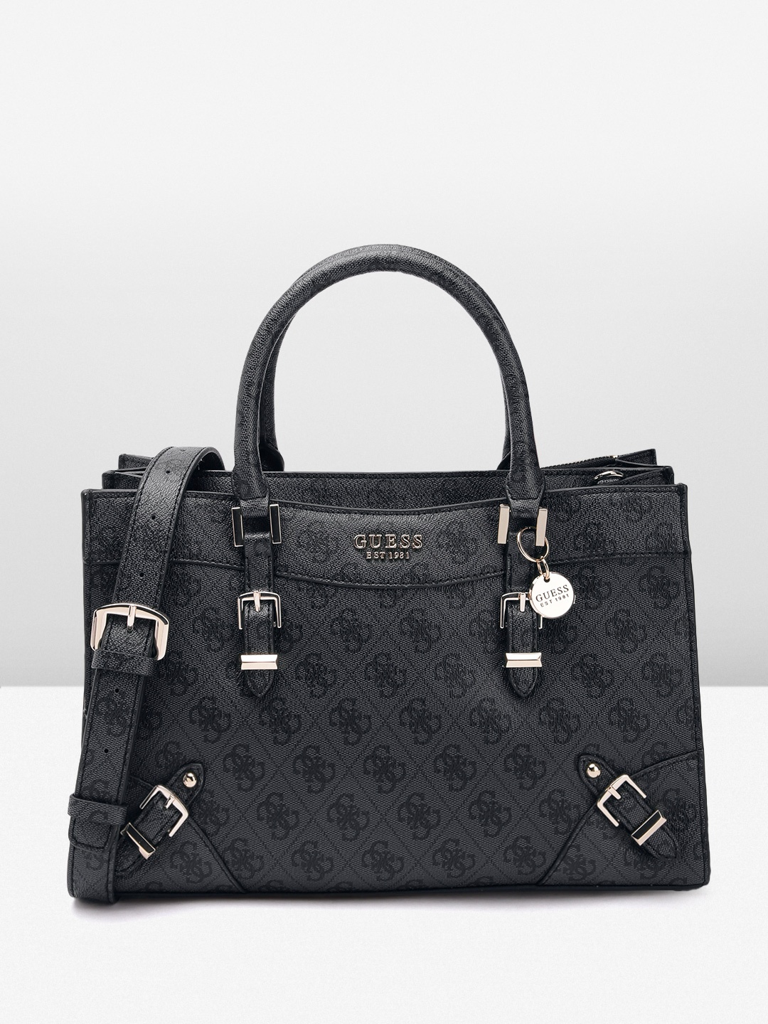 

GUESS Women Brand Logo Printed Structured Handheld Bag with Buckle Detail, Grey