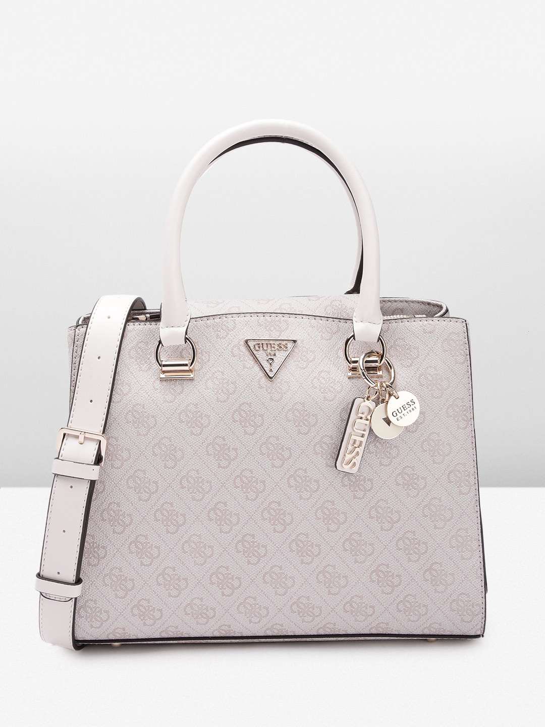 GUESS Women Brand Logo Printed Structured Handheld Bag, White