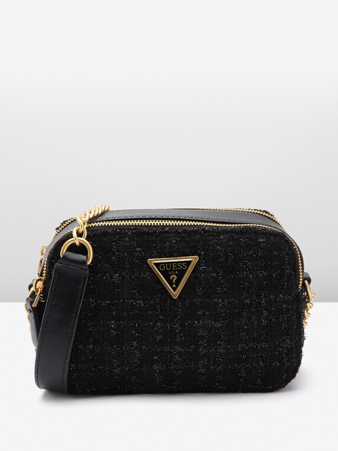 

GUESS Woven Design Structured Sling Bag, Black