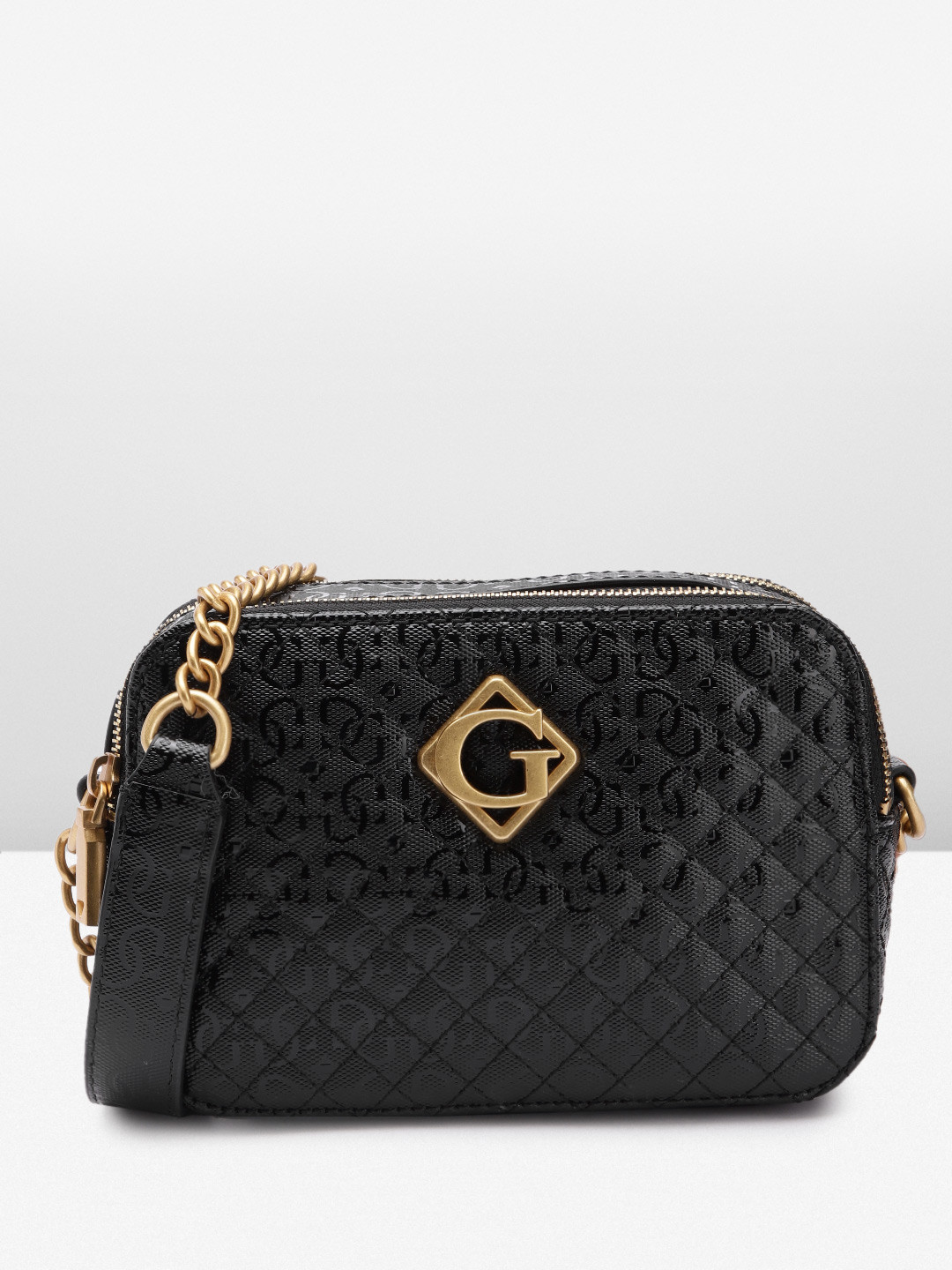 

GUESS Women Brand Logo Textured Structured Sling Bag with Quilted Detail, Black