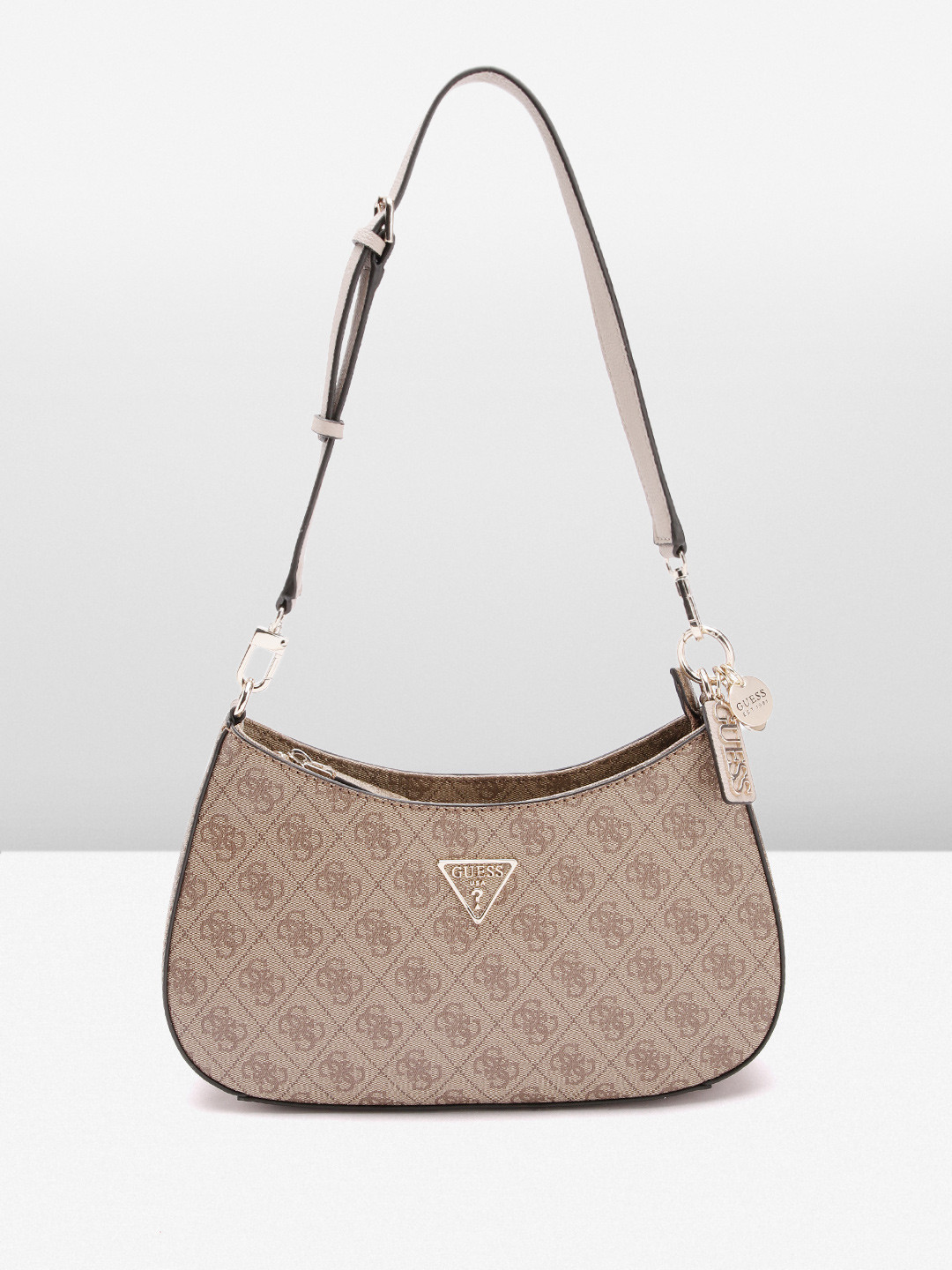 

GUESS Brand Logo Printed Structured Baguette Bag, Brown