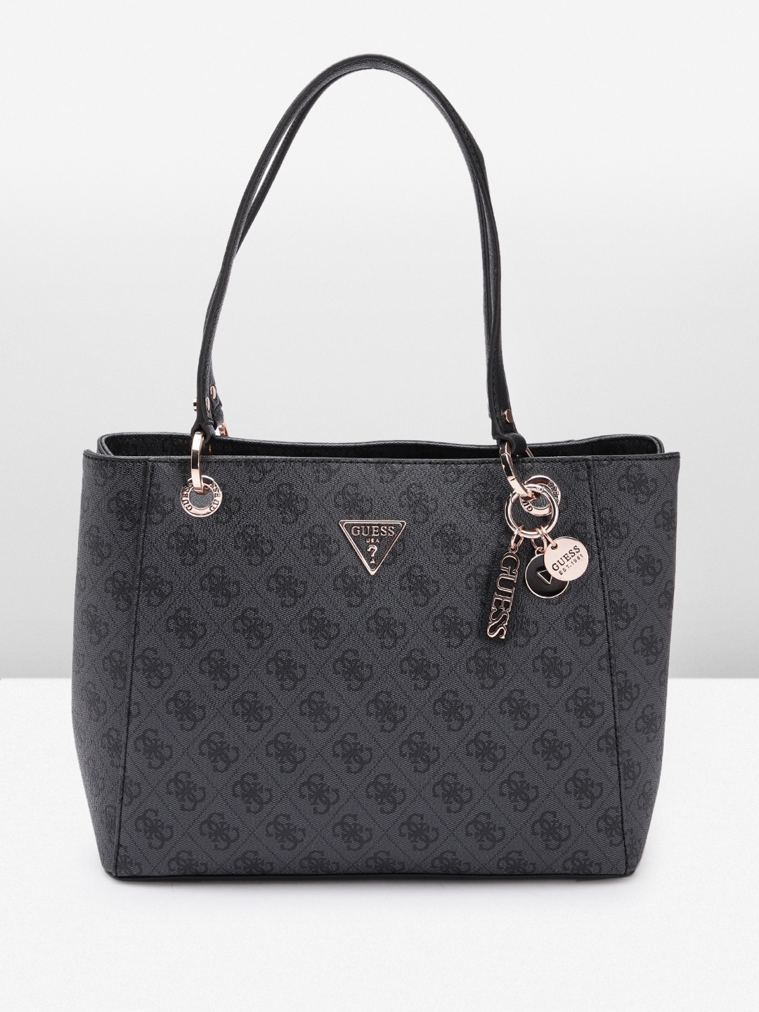 

GUESS Brand Logo Printed Structured Shoulder Bag, Charcoal