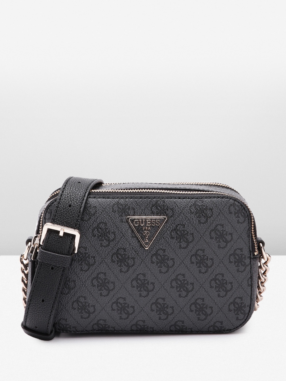 GUESS Women Brand Logo Printed Structured Sling Bag, Grey