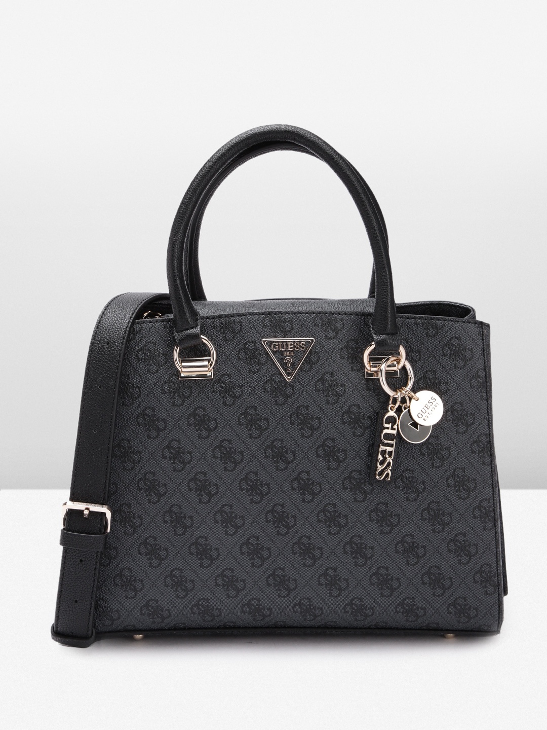 GUESS Brand Logo Printed Structured Handheld Bag, Black