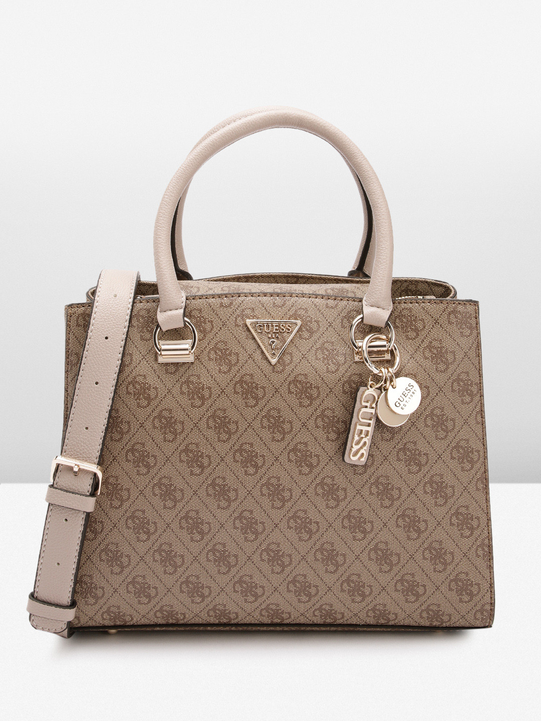 

GUESS Brand Logo Printed Structured Handheld Bag, Brown