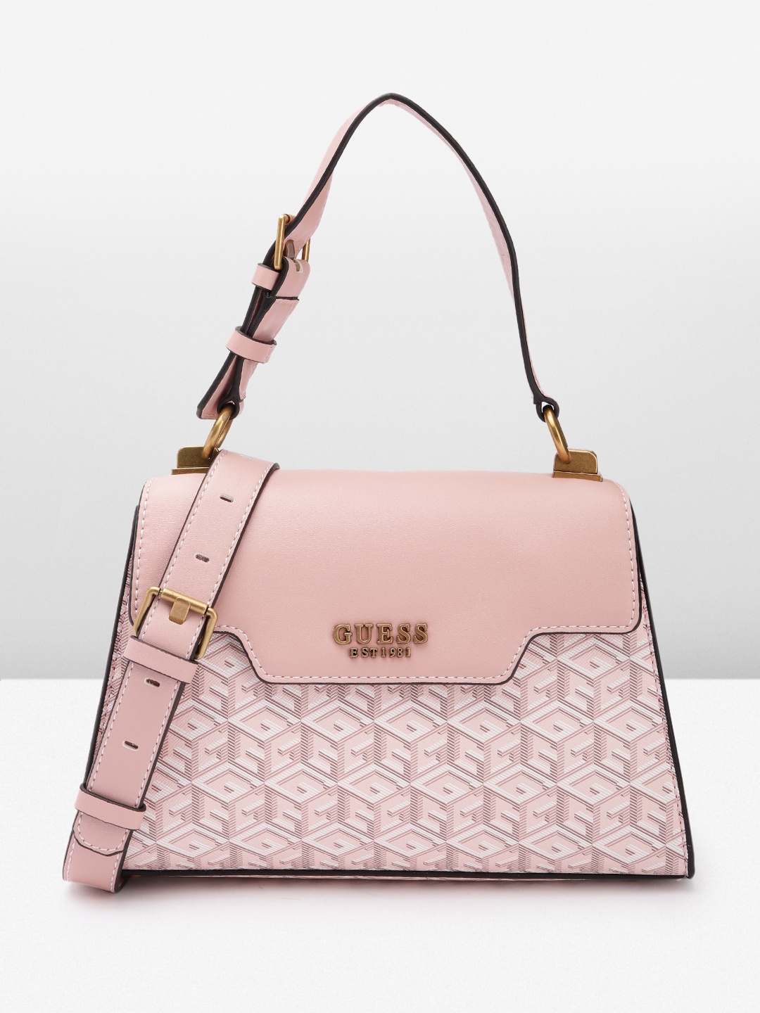 GUESS Brand Logo Printed Structured Handheld Bag, Pink