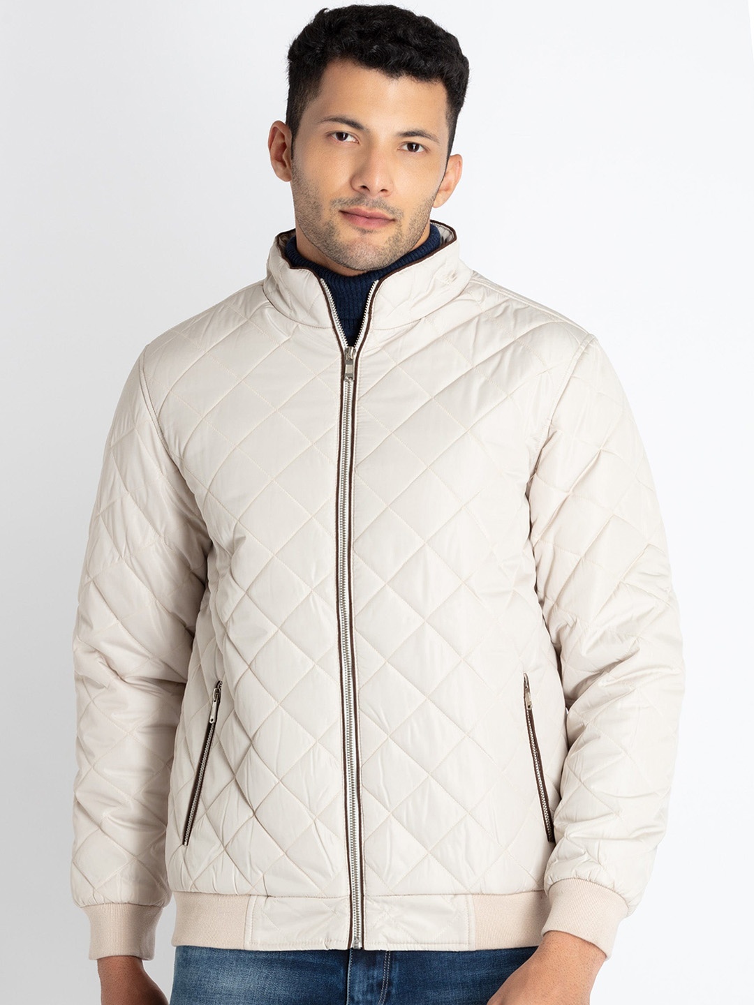 

Status Quo Zip Detail Geometric Quilted Jacket, Beige