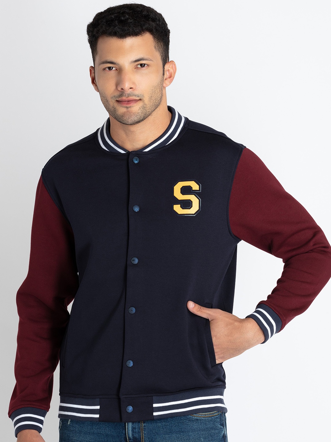 

Status Quo Colourblocked Striped Cotton Varsity Jacket With Patchwork, Navy blue