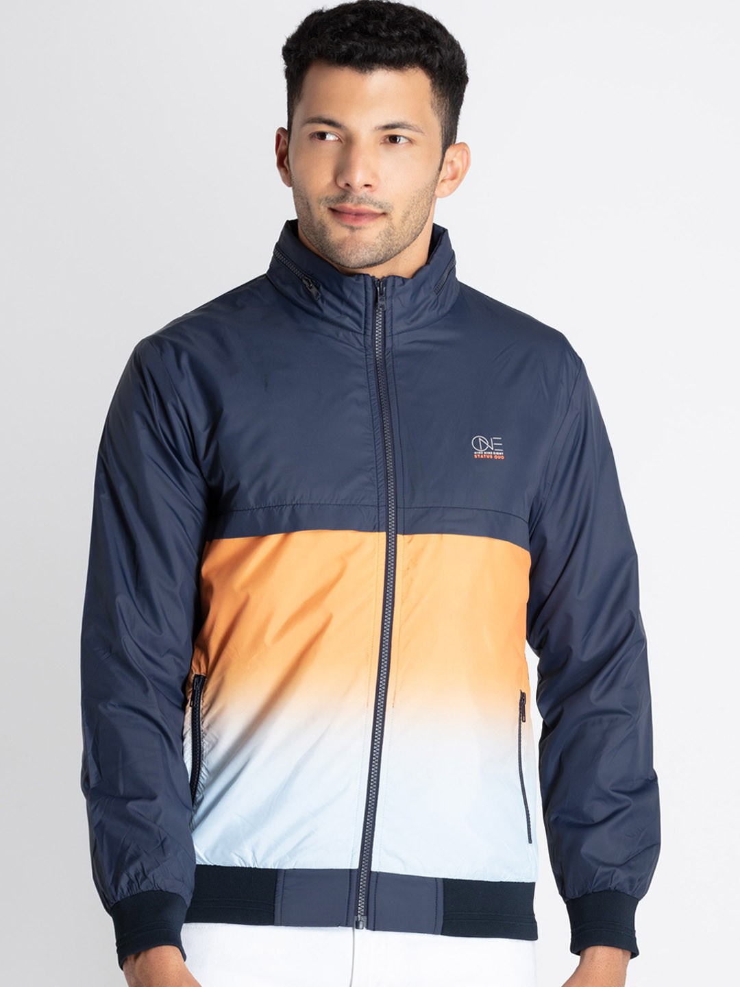 

Status Quo Mock Collar Colourblocked Bomber Jacket, Navy blue
