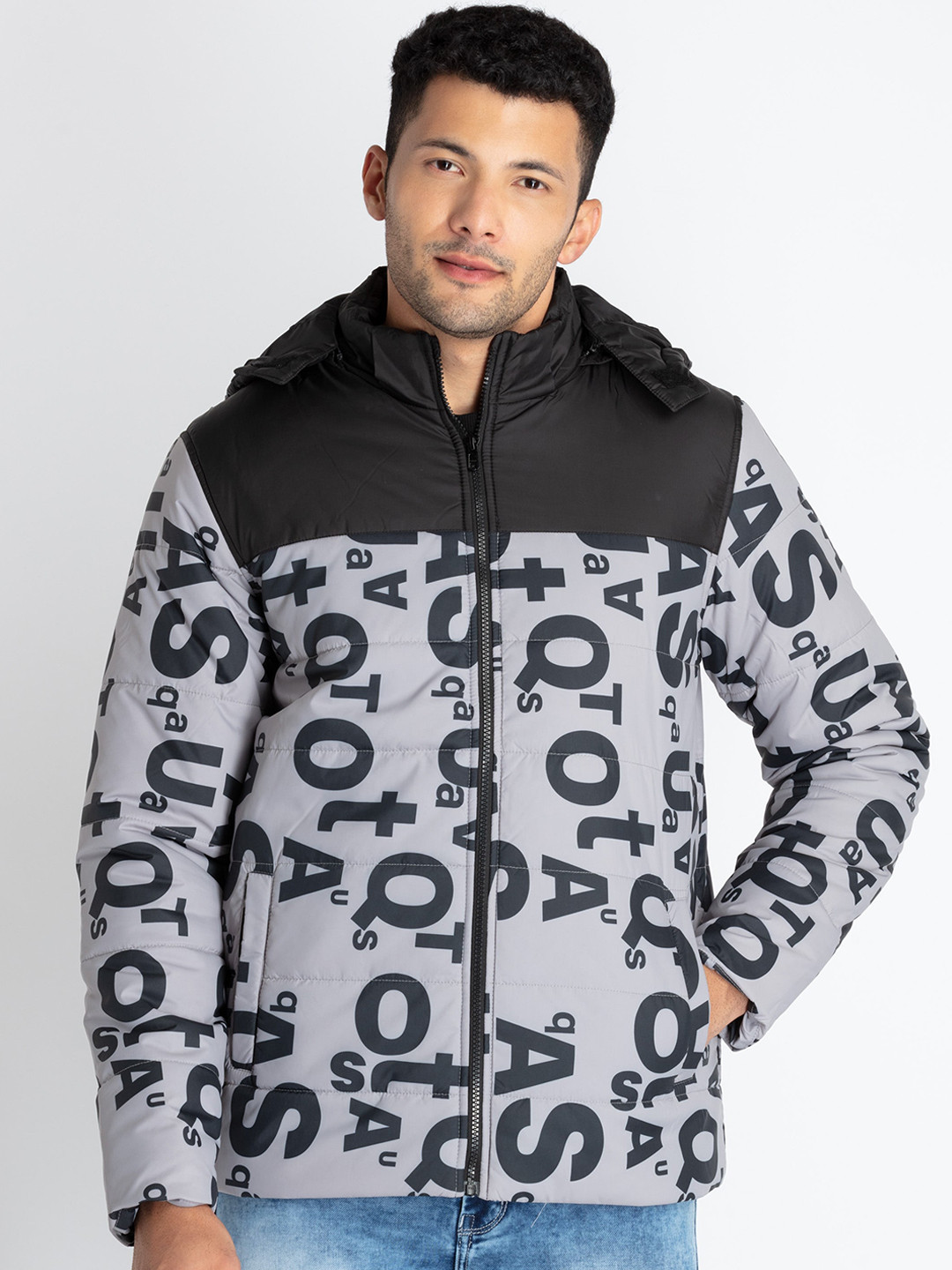 

Status Quo Typography Printed Hooded Padded Jacket, Black