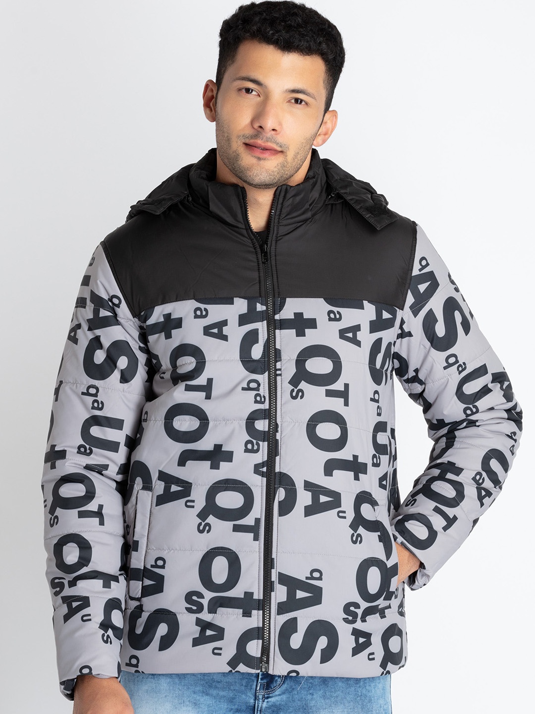 

Status Quo Typography Printed Hooded Padded Jacket, Black