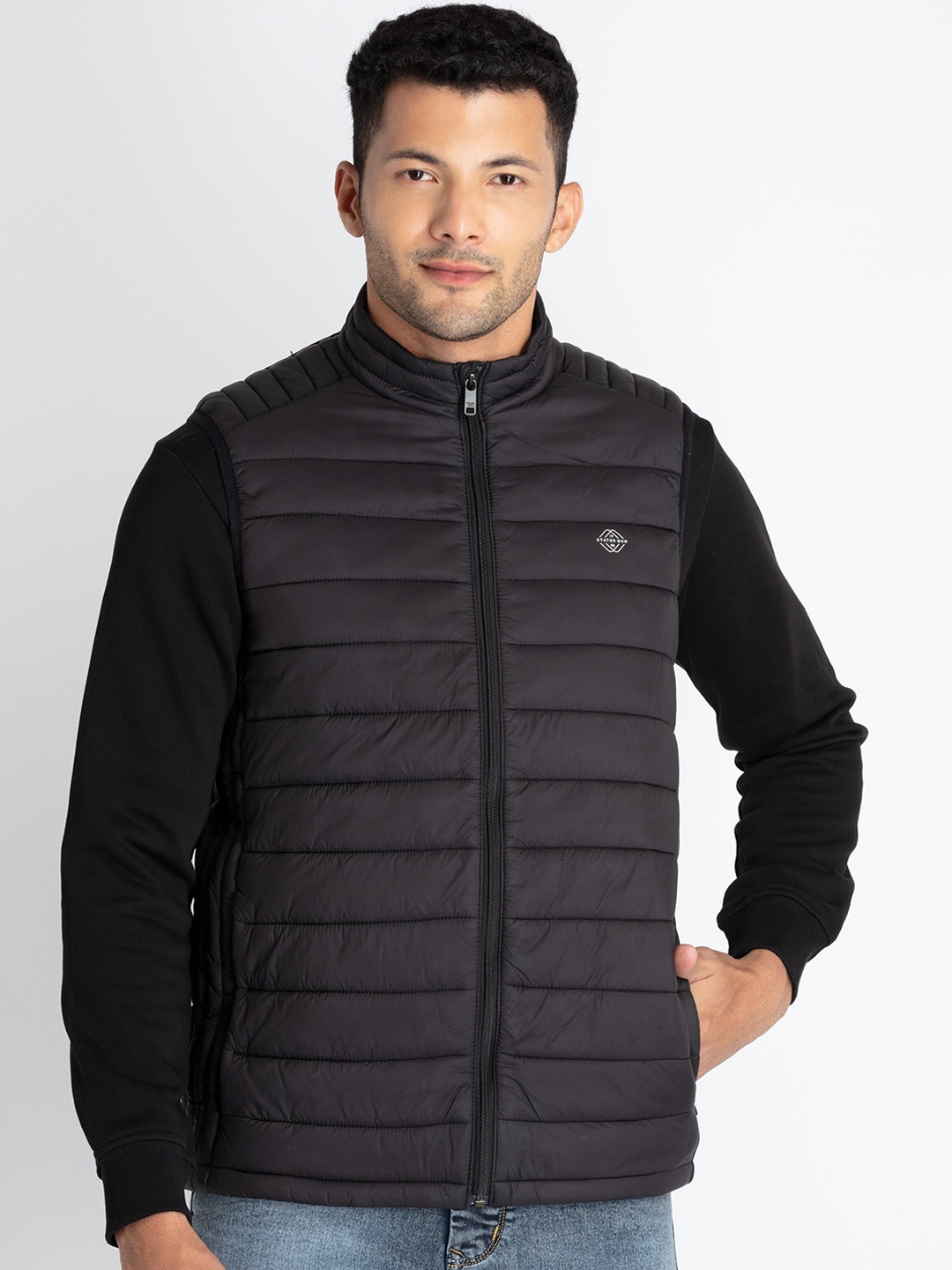 

Status Quo Mock Collar Quilted Jackets, Black