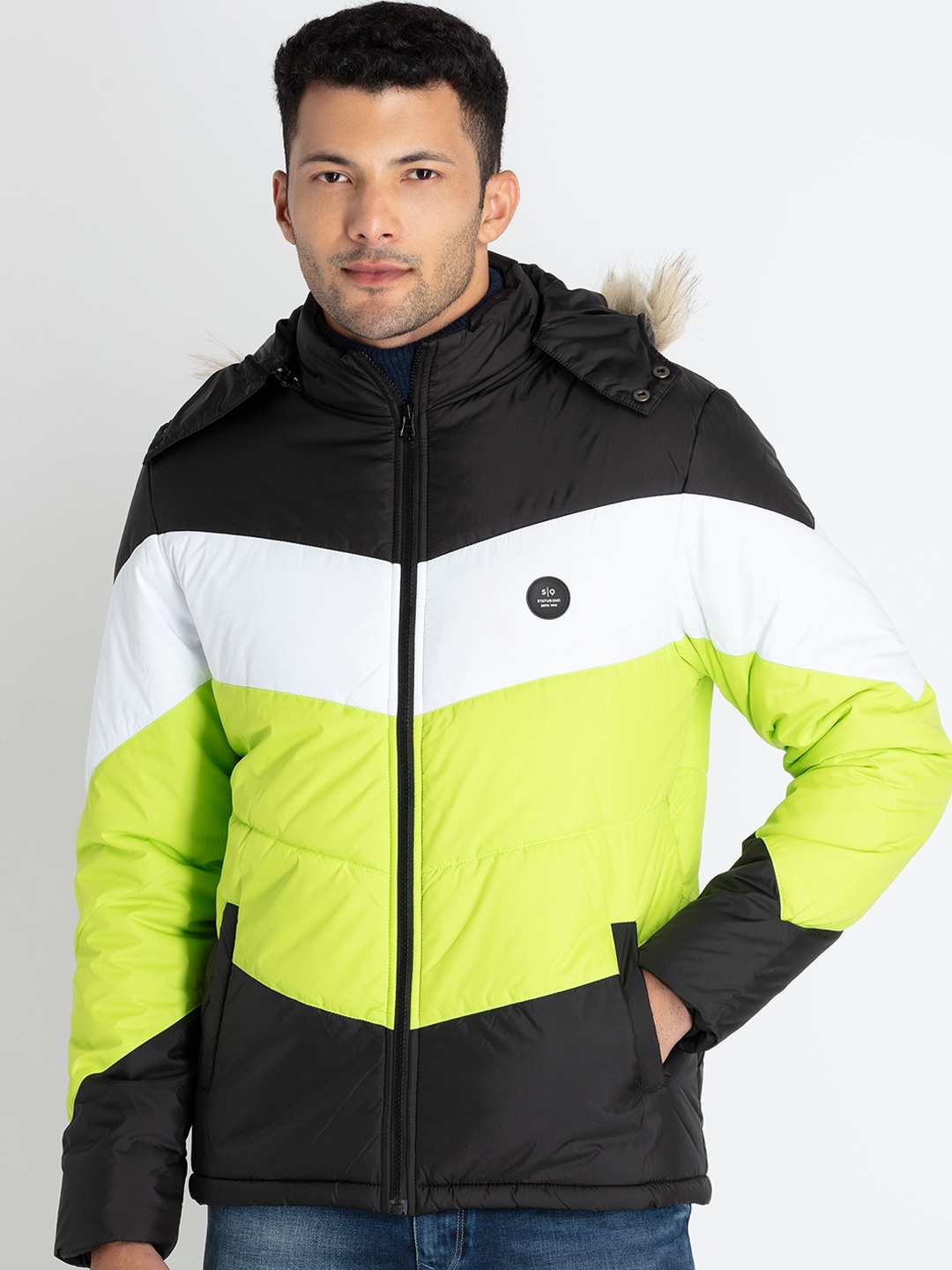 

Status Quo Colourblocked Detachable Hooded Padded Jacket, Black