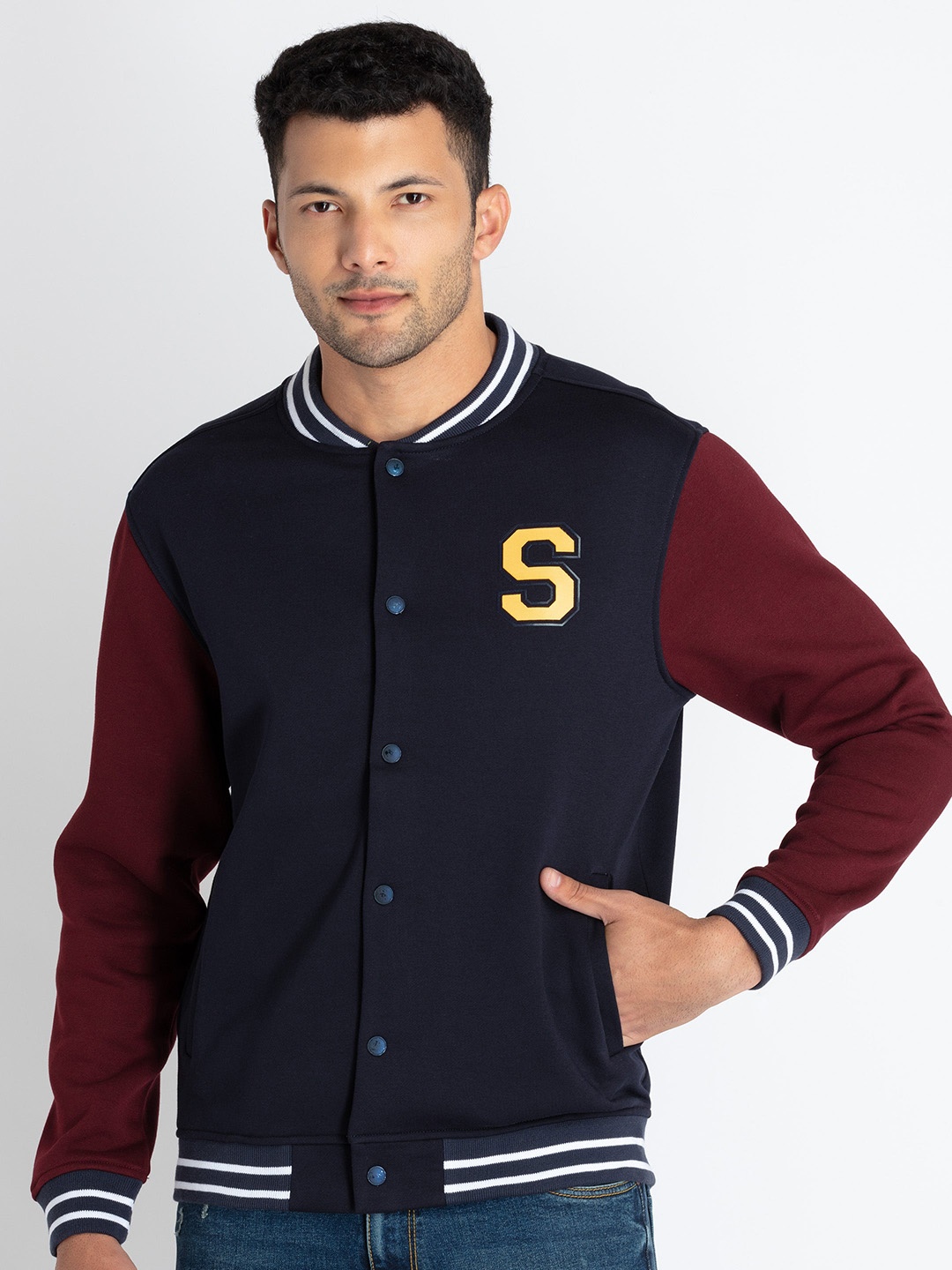 

Status Quo Colourblocked Cotton Varsity Jacket with Patchwork, Navy blue