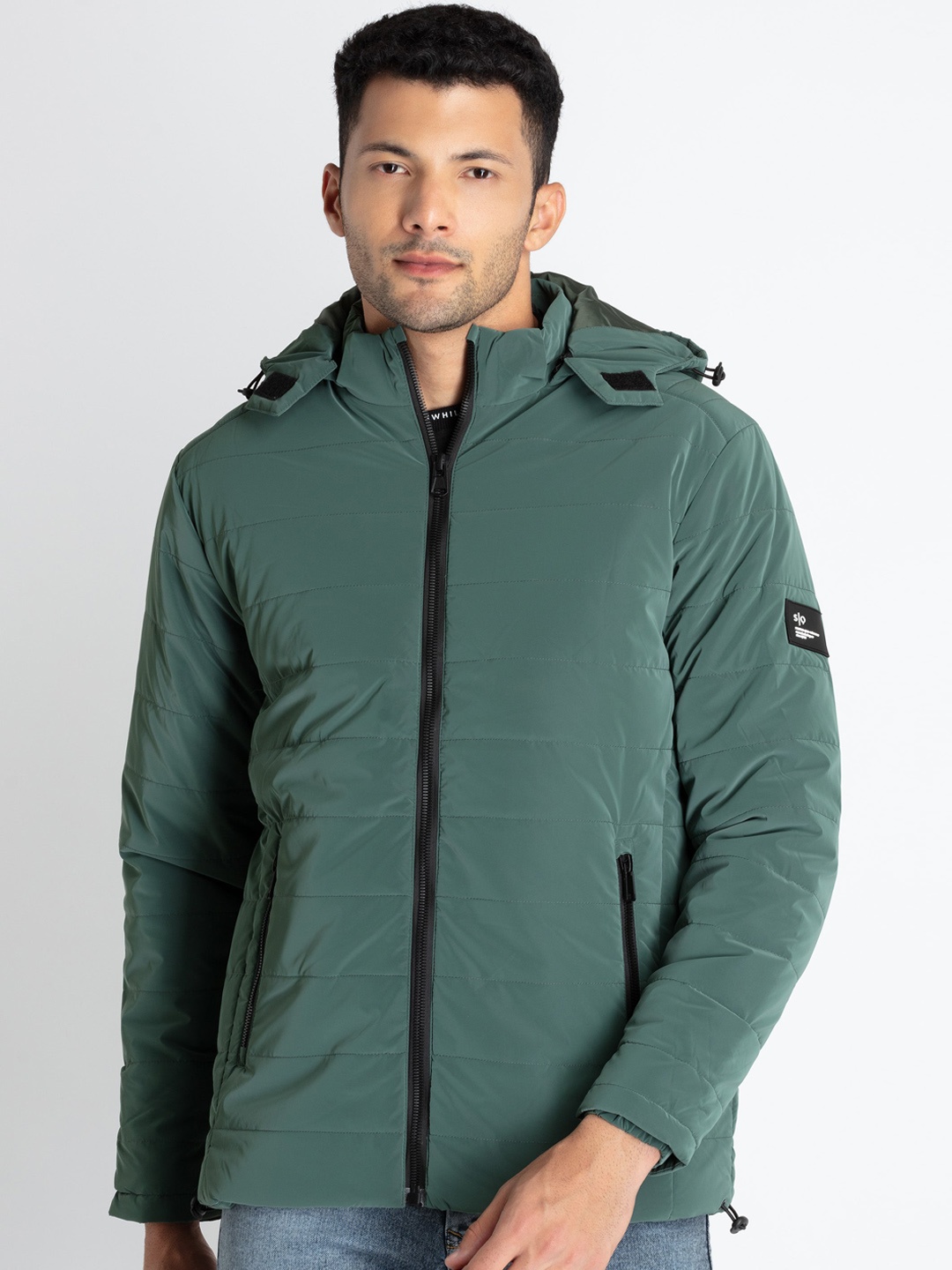 

Status Quo Mock Collar Padded Jacket With Detachable Hood, Green