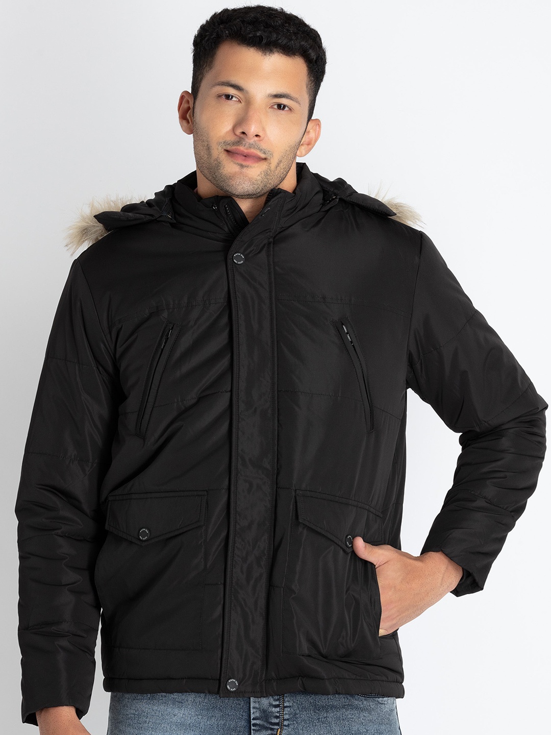

Status Quo Detachable Hooded Parka Jacket, Black