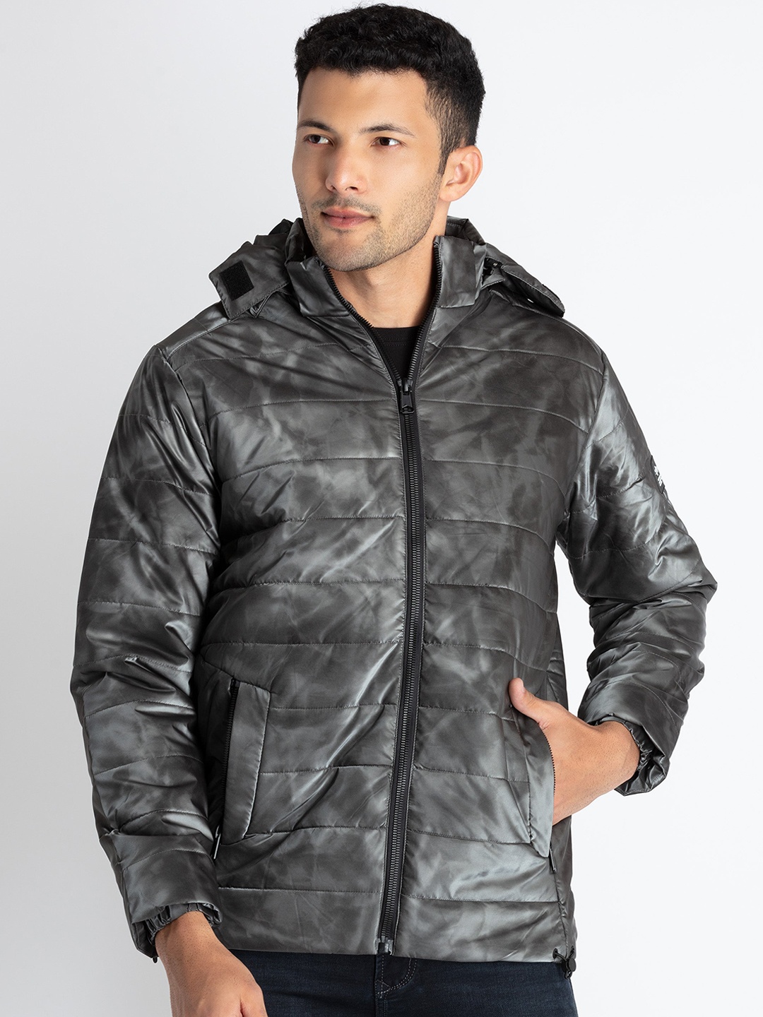 

Status Quo Abstract Printed Hooded Puffer Jacket, Grey