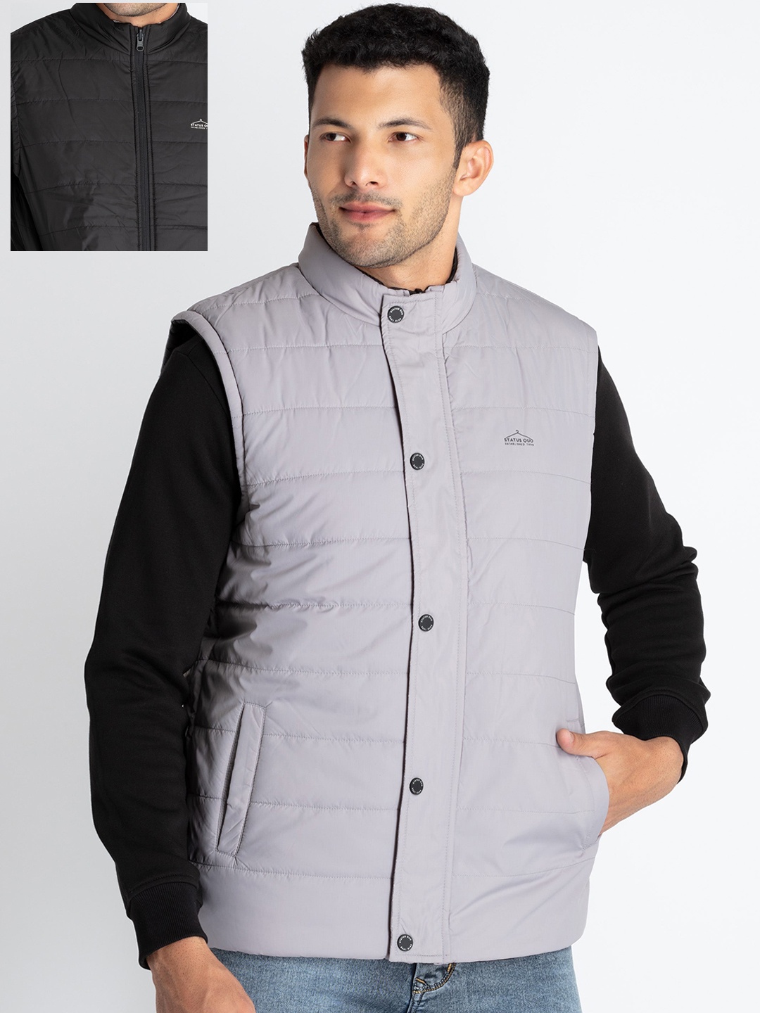 

Status Quo High Neck Reversible Puffer Jacket, Grey
