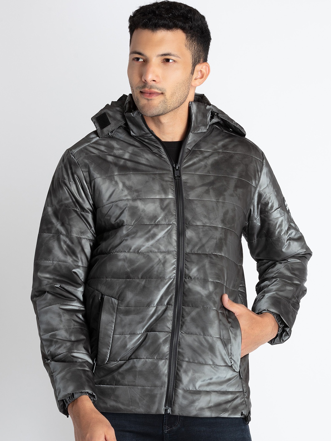 

Status Quo Abstract Printed Hooded Puffer Jacket, Grey