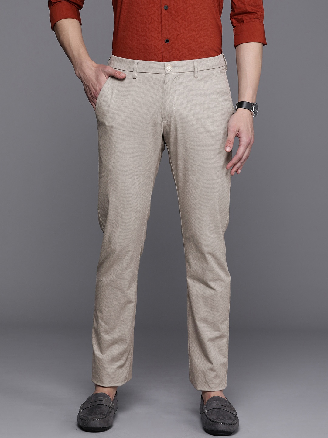 

Allen Solly Men Self Design Textured Slim Fit Chinos Trousers, Beige